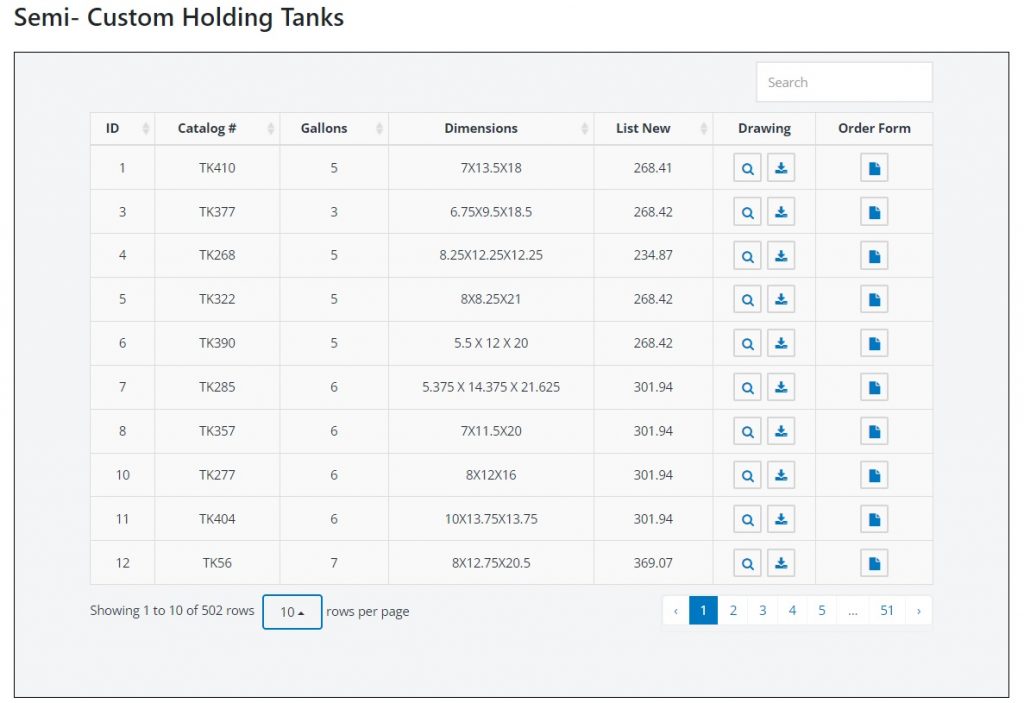 Sample screenshot graphic of Raritan's     Semi-Custom Holding Tank Order Page